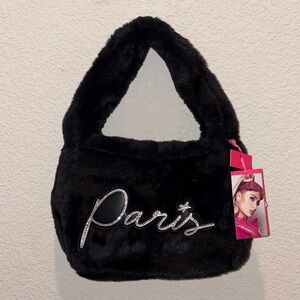 🚨Paris Hilton Black Faux Fur Top-Handle Baguette with Rhinestone Script